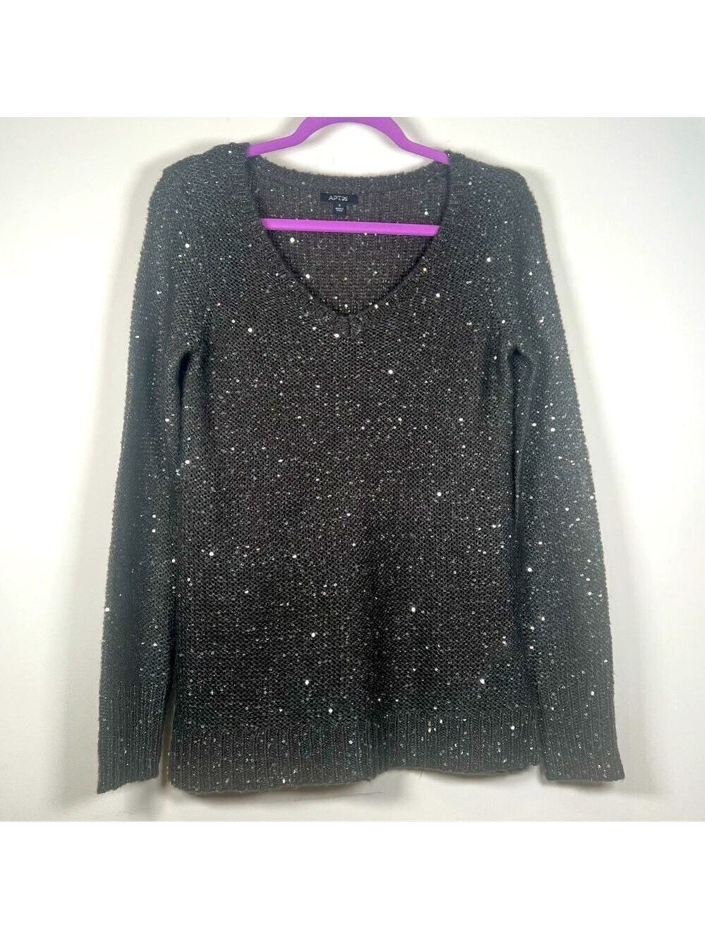 Apt. 9 Grey Oversized V-Neck Sweater with silver sequins sewn throughout size S